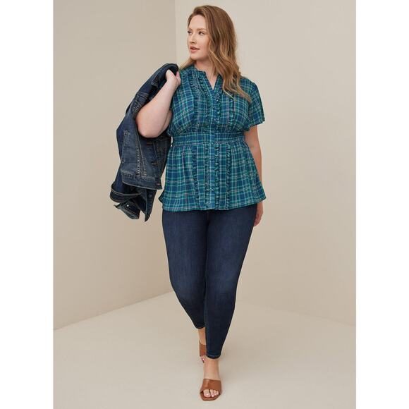 Torrid Georgette Ruffle Front Flutter Sleeve Blouse Women's 5X Blue & Green Top - Picture 4 of 12